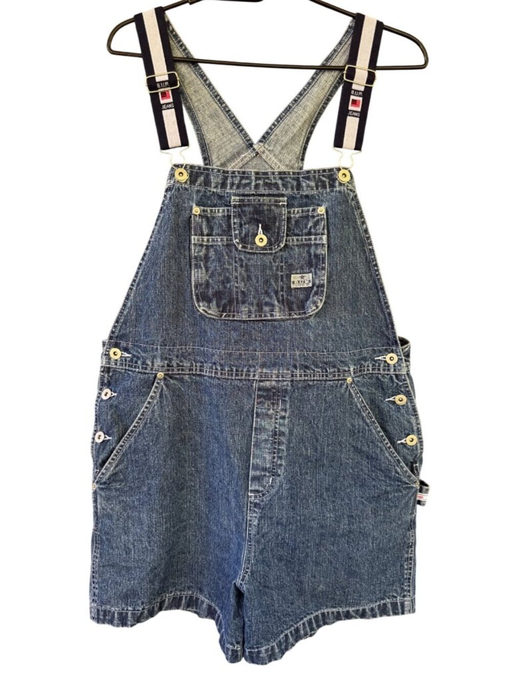 B.U.M. Equipment Vintage Womens XL Denim Shortalls Striped Straps Overalls
